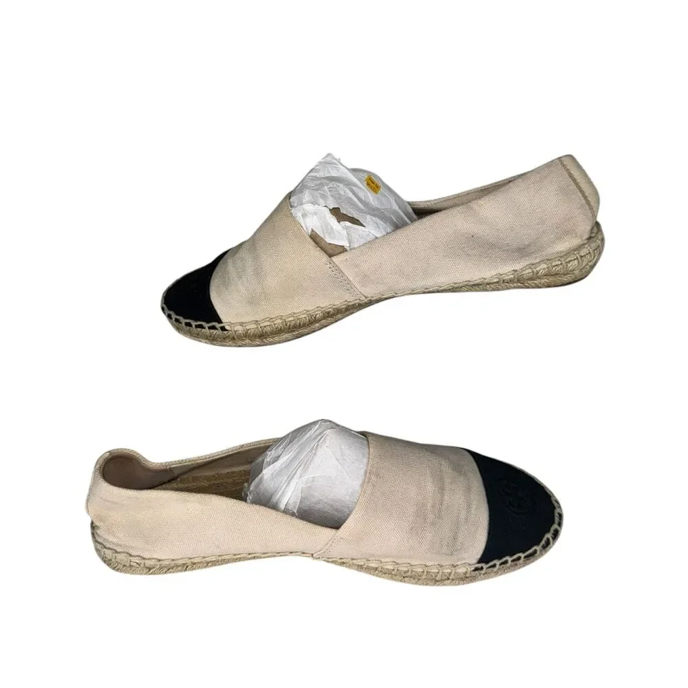 Tory Burch‎ Canvas Color Block Flat Espadrille size 10.5 Black And Tan
